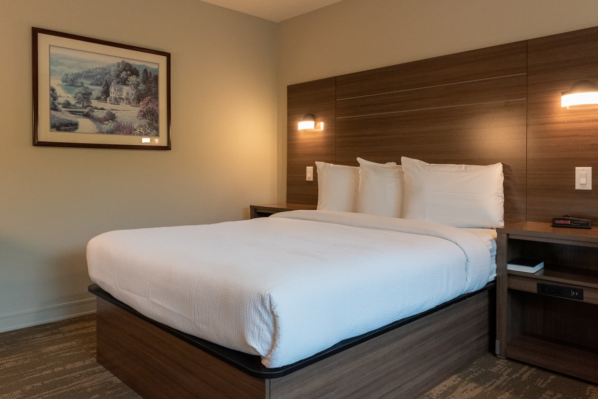 A clean, comfortable hotel room with a king bed, bedside tables with lamps, and a decorative art piece on the wall.