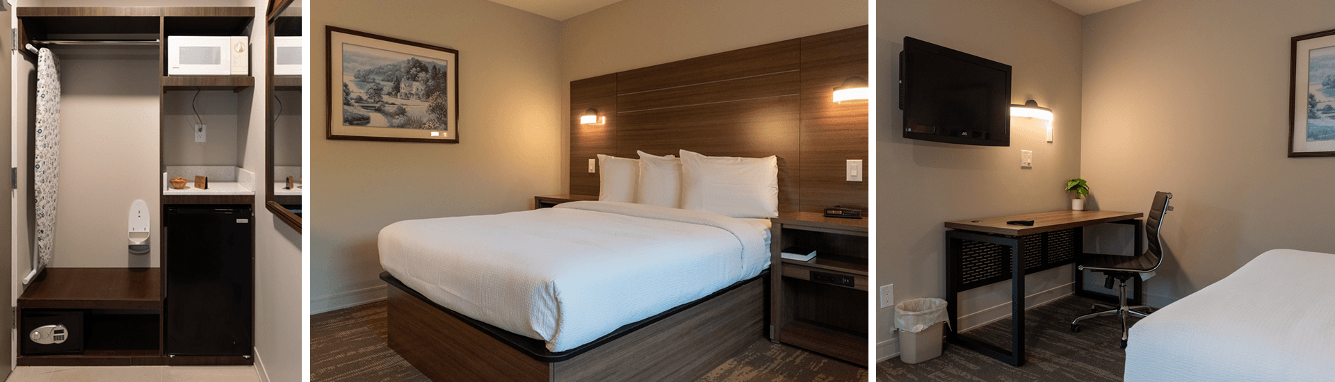 A modern hotel room featuring a queen bed, desk, TV, and kitchenette area.